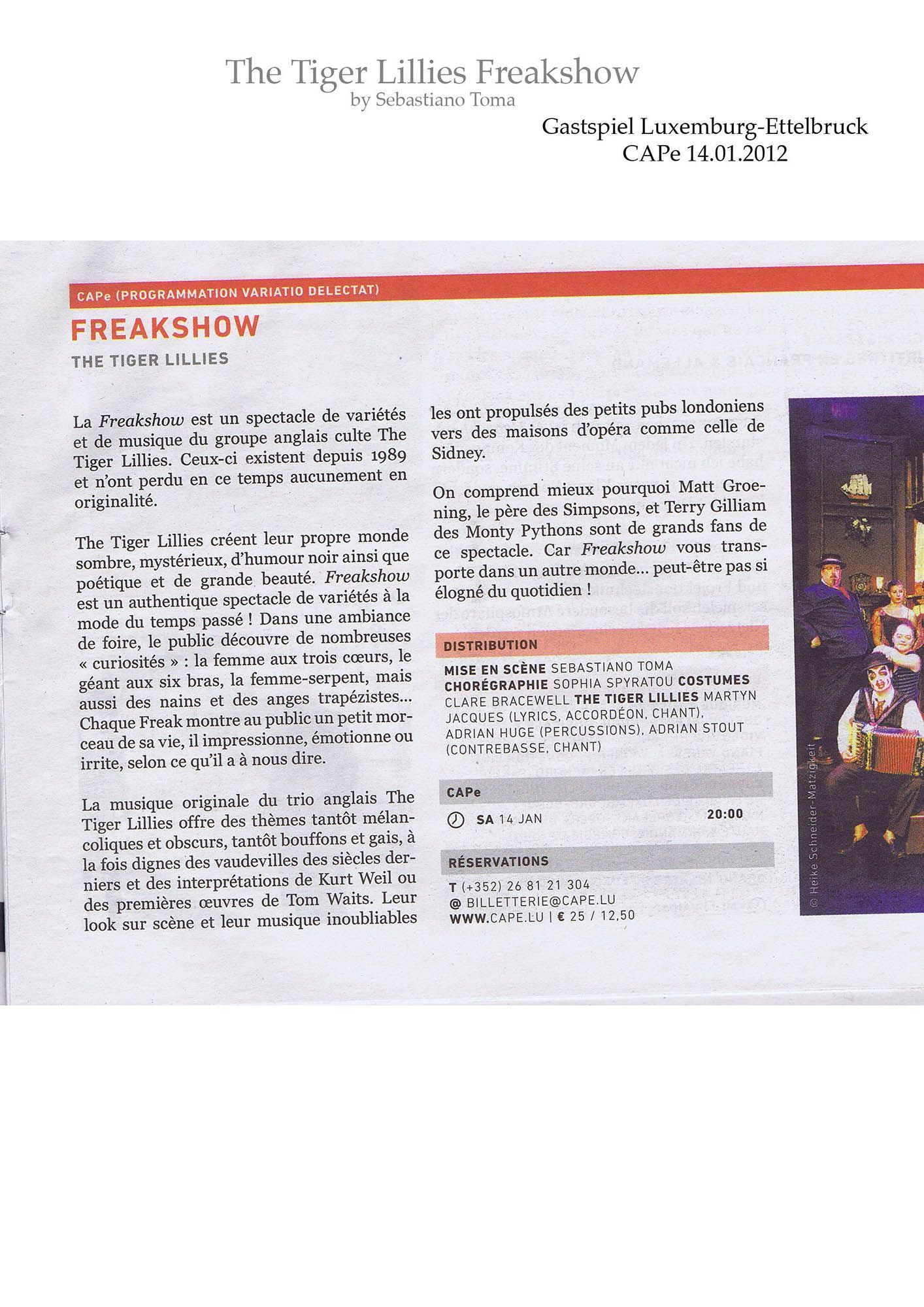 Sebastiano Toma, The Tiger Lillies Freakshow, Press review