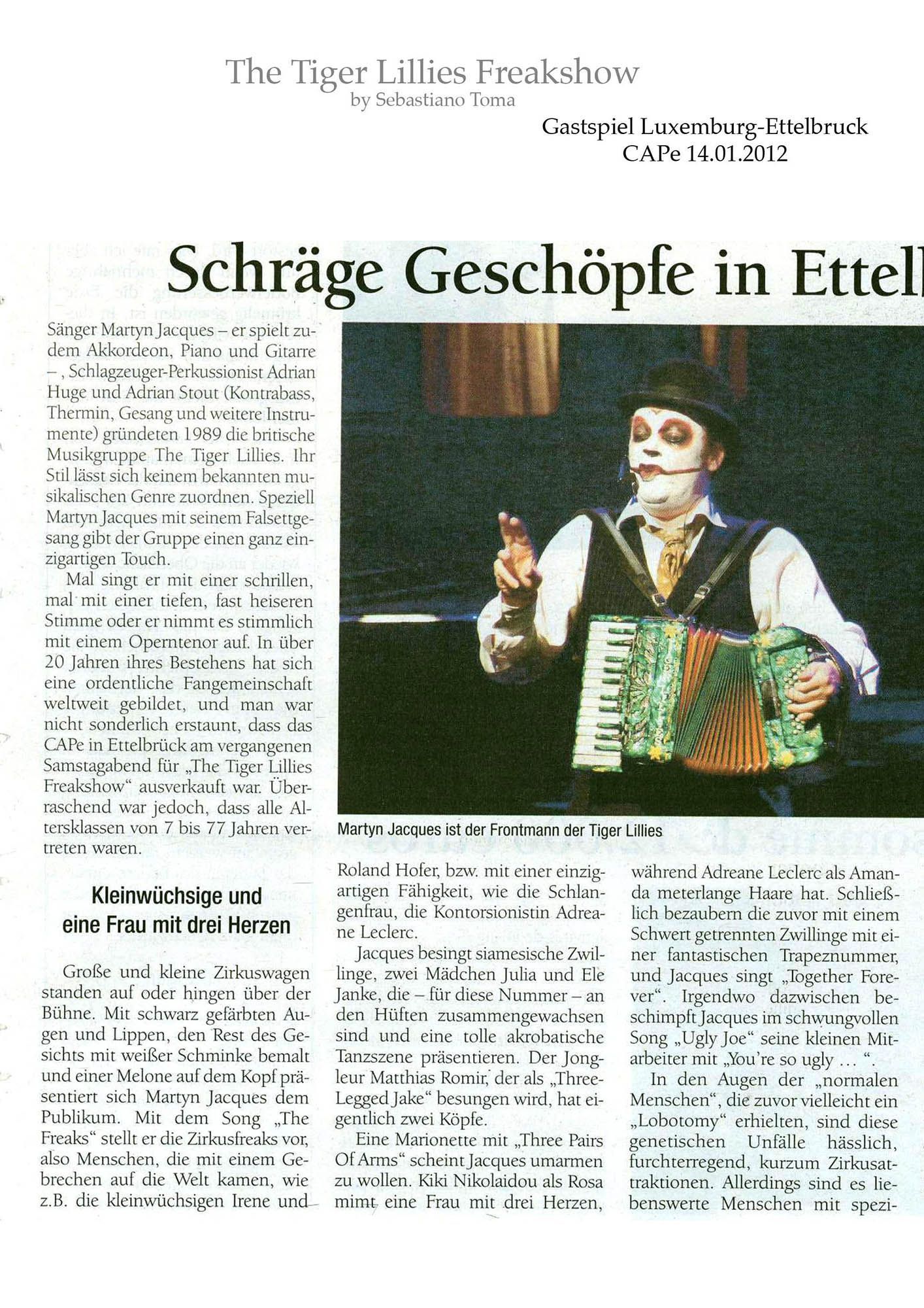 Sebastiano Toma, The Tiger Lillies Freakshow, Press review