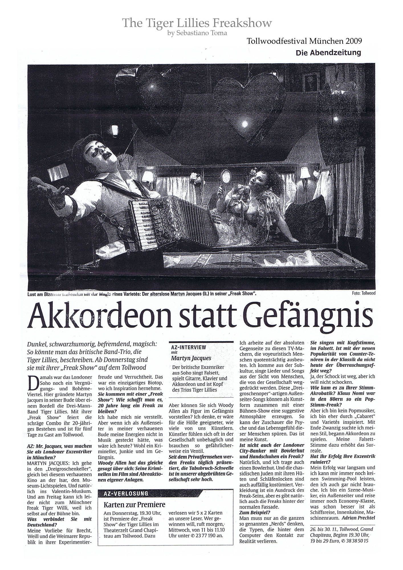 Sebastiano Toma, The Tiger Lillies Freakshow, Press review