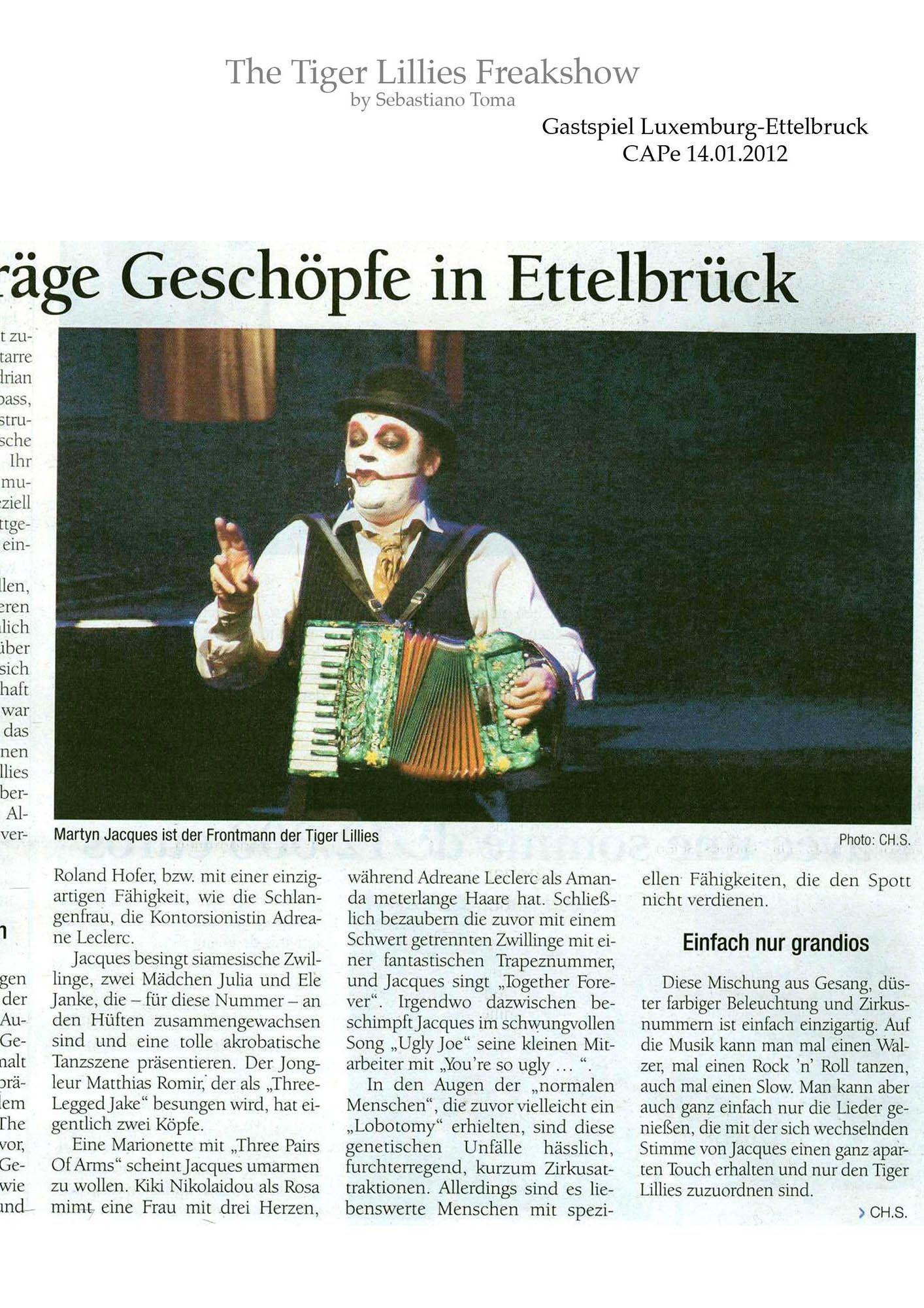 Sebastiano Toma, The Tiger Lillies Freakshow, Press review