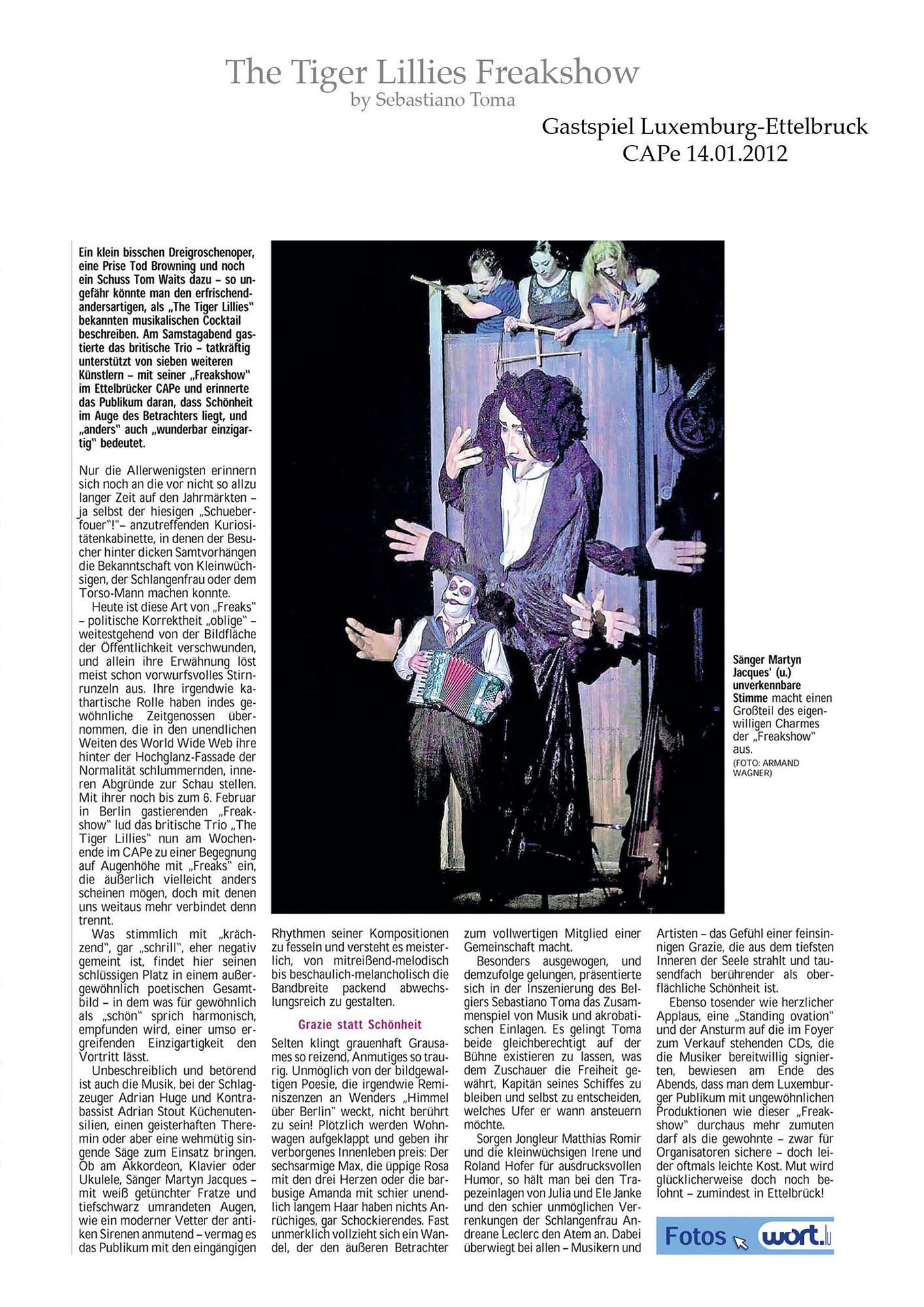 Sebastiano Toma, The Tiger Lillies Freakshow, Press review