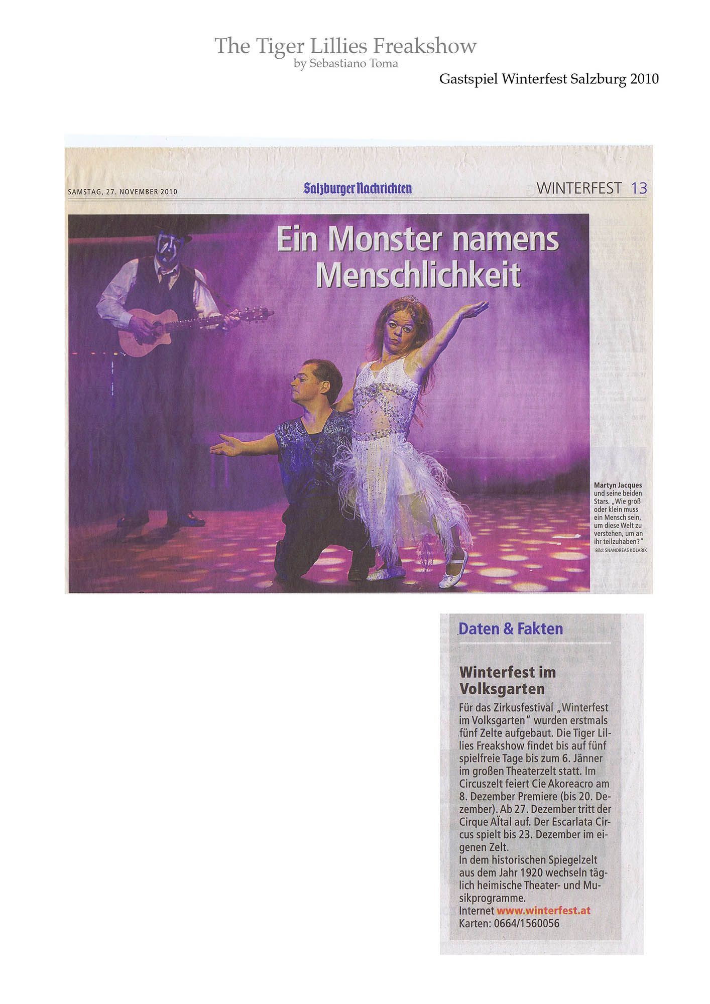 Sebastiano Toma, The Tiger Lillies Freakshow, Press review