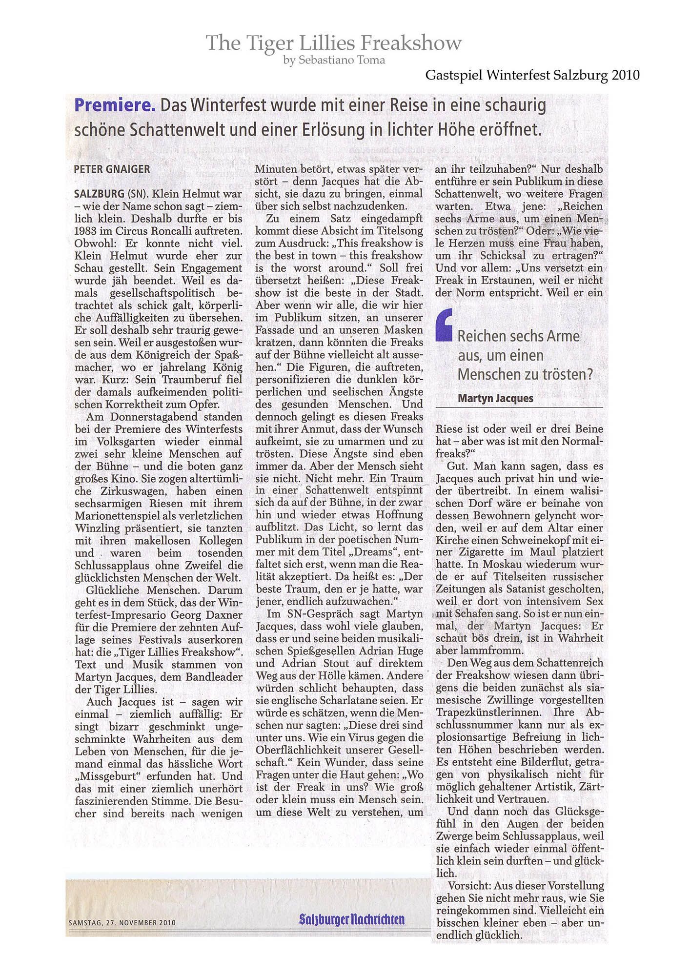 Sebastiano Toma, The Tiger Lillies Freakshow, Press review