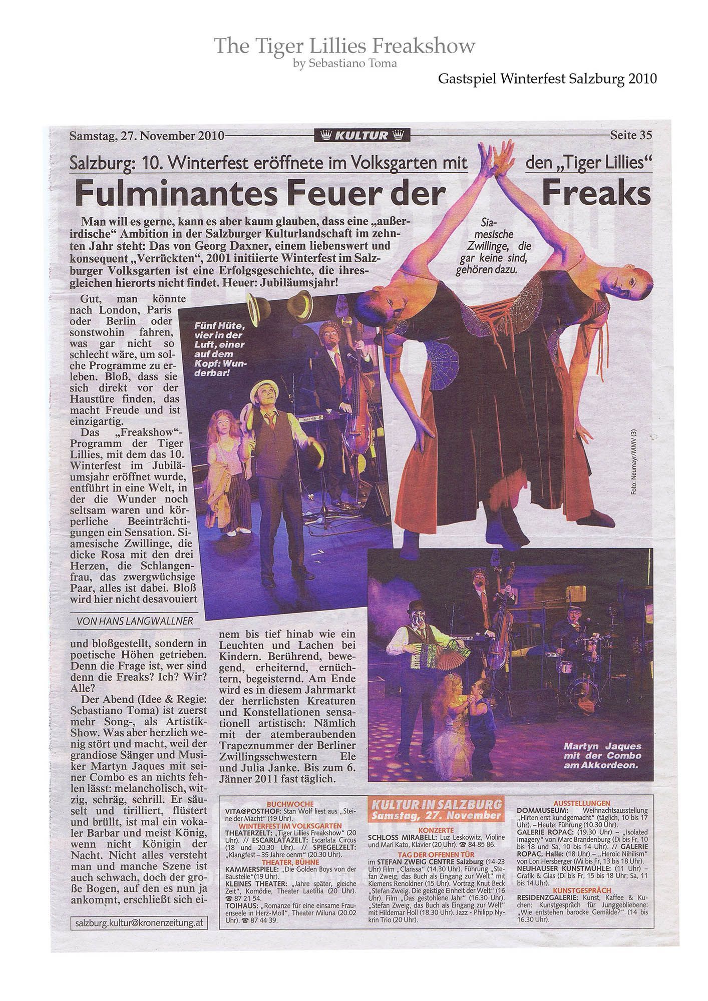 Sebastiano Toma, The Tiger Lillies Freakshow, Press review