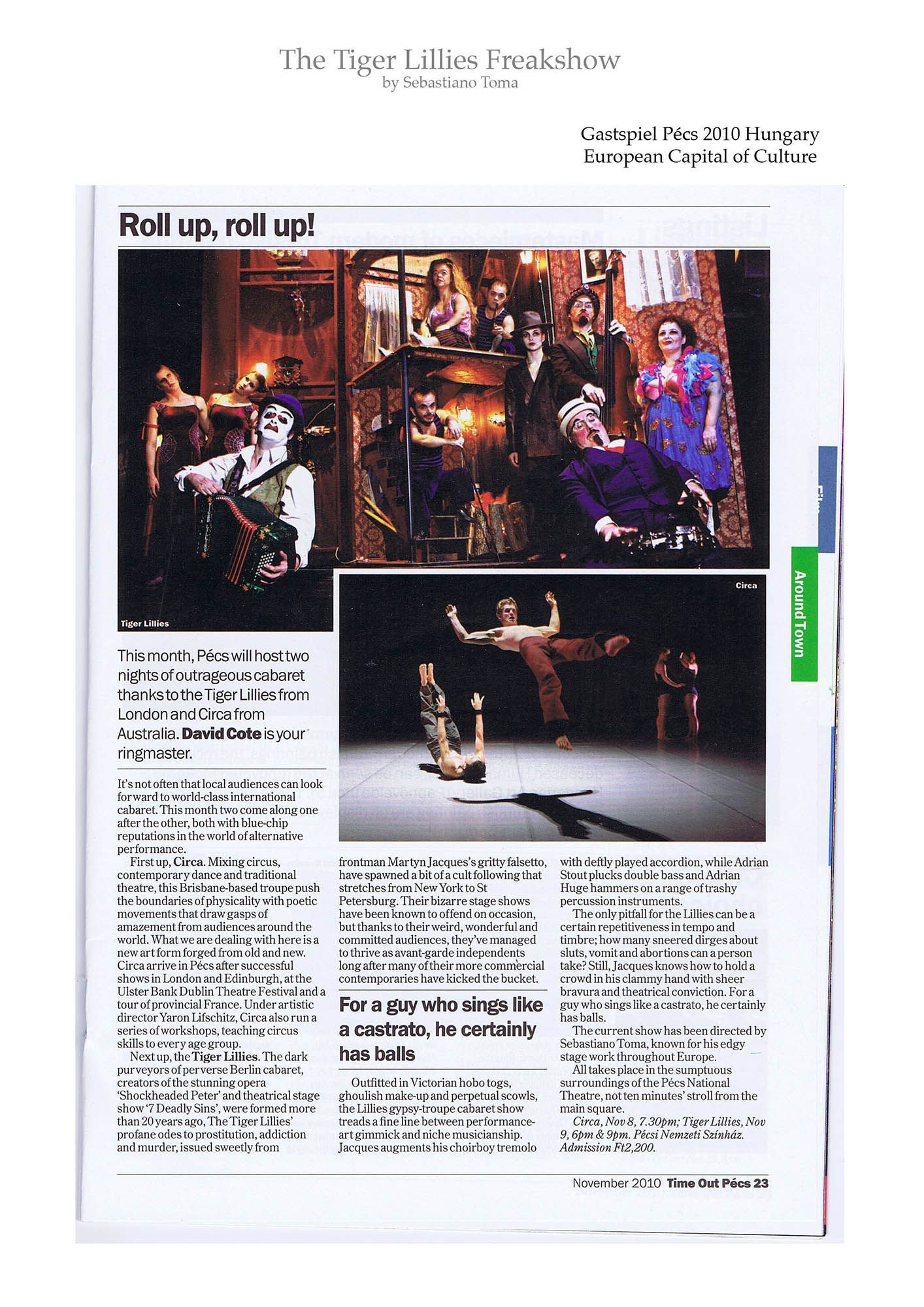 Sebastiano Toma, The Tiger Lillies Freakshow, Press review