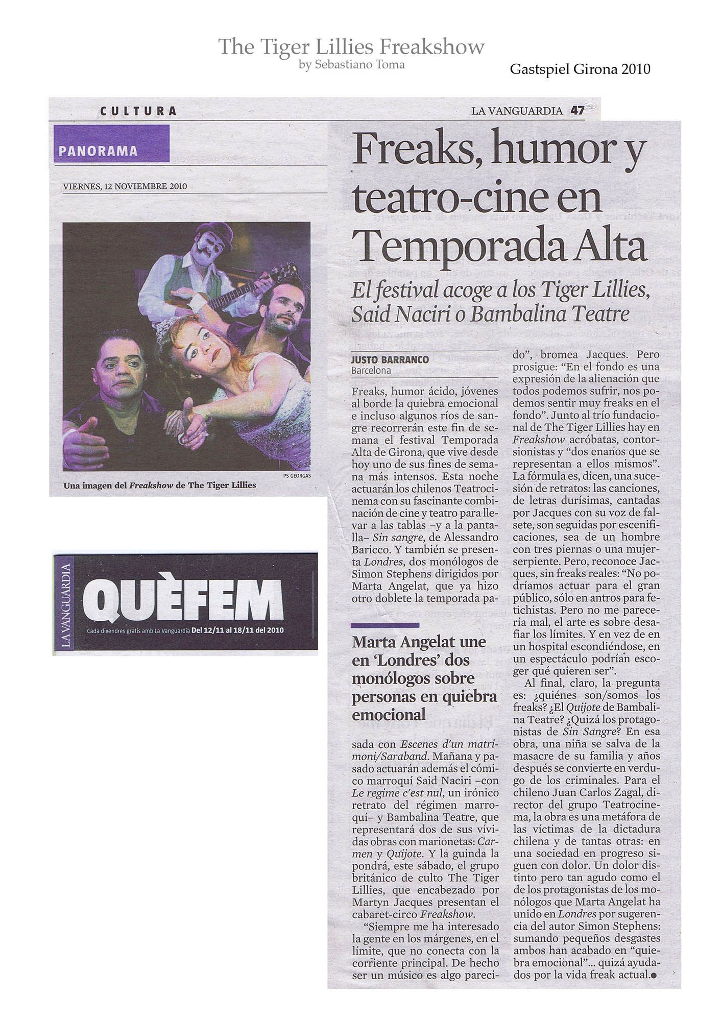 Sebastiano Toma, The Tiger Lillies Freakshow, Press review