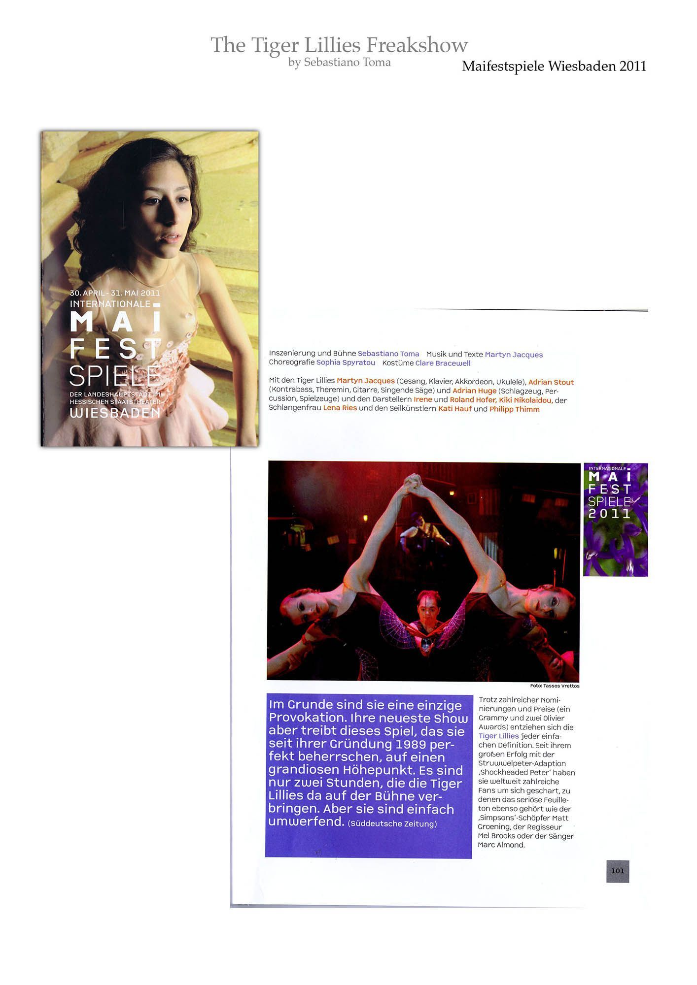 Sebastiano Toma, The Tiger Lillies Freakshow, Press review
