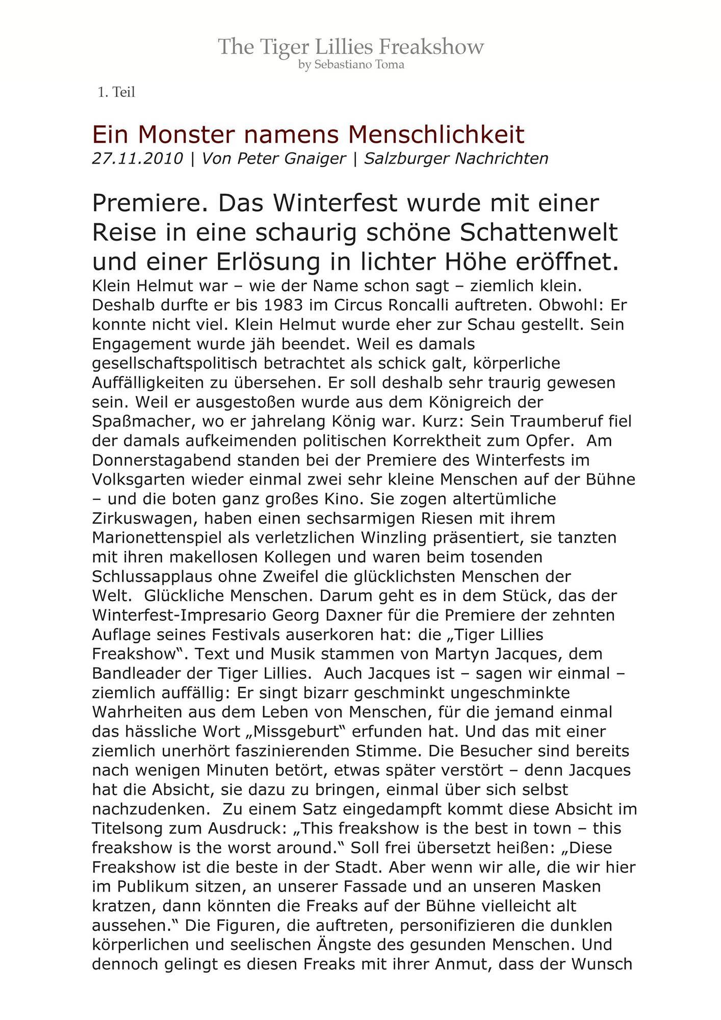 Sebastiano Toma, The Tiger Lillies Freakshow, Press review