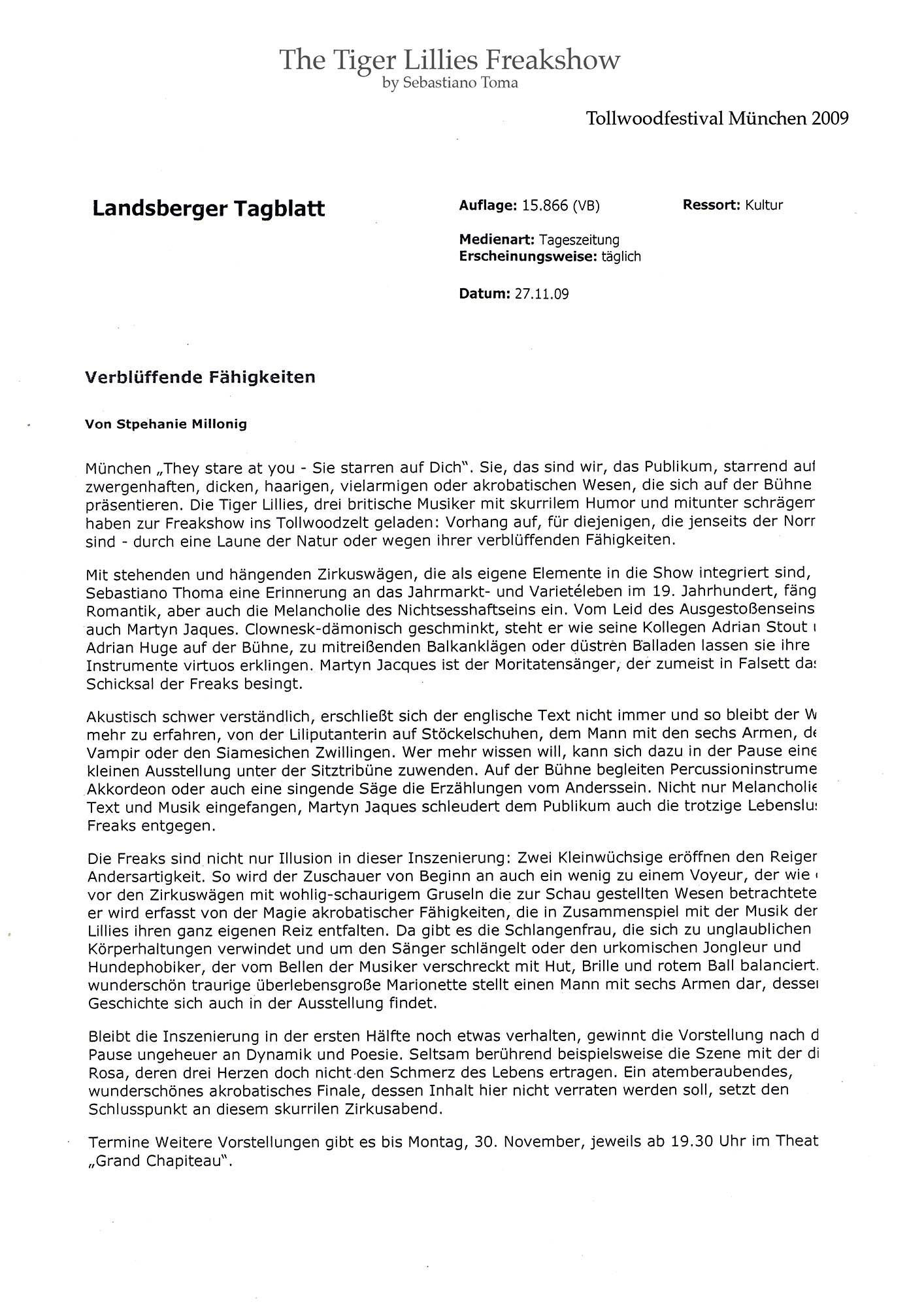 Sebastiano Toma, The Tiger Lillies Freakshow, Press review