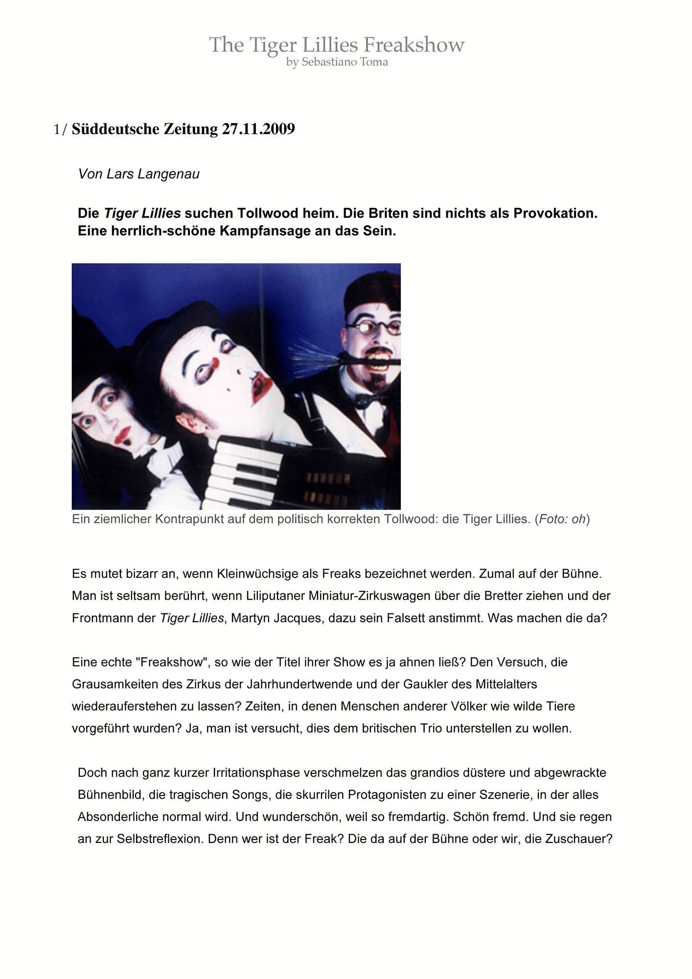 Sebastiano Toma, The Tiger Lillies Freakshow, Press review