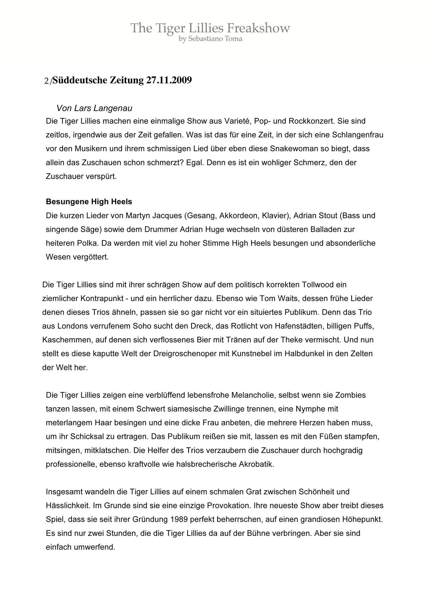 Sebastiano Toma, The Tiger Lillies Freakshow, Press review