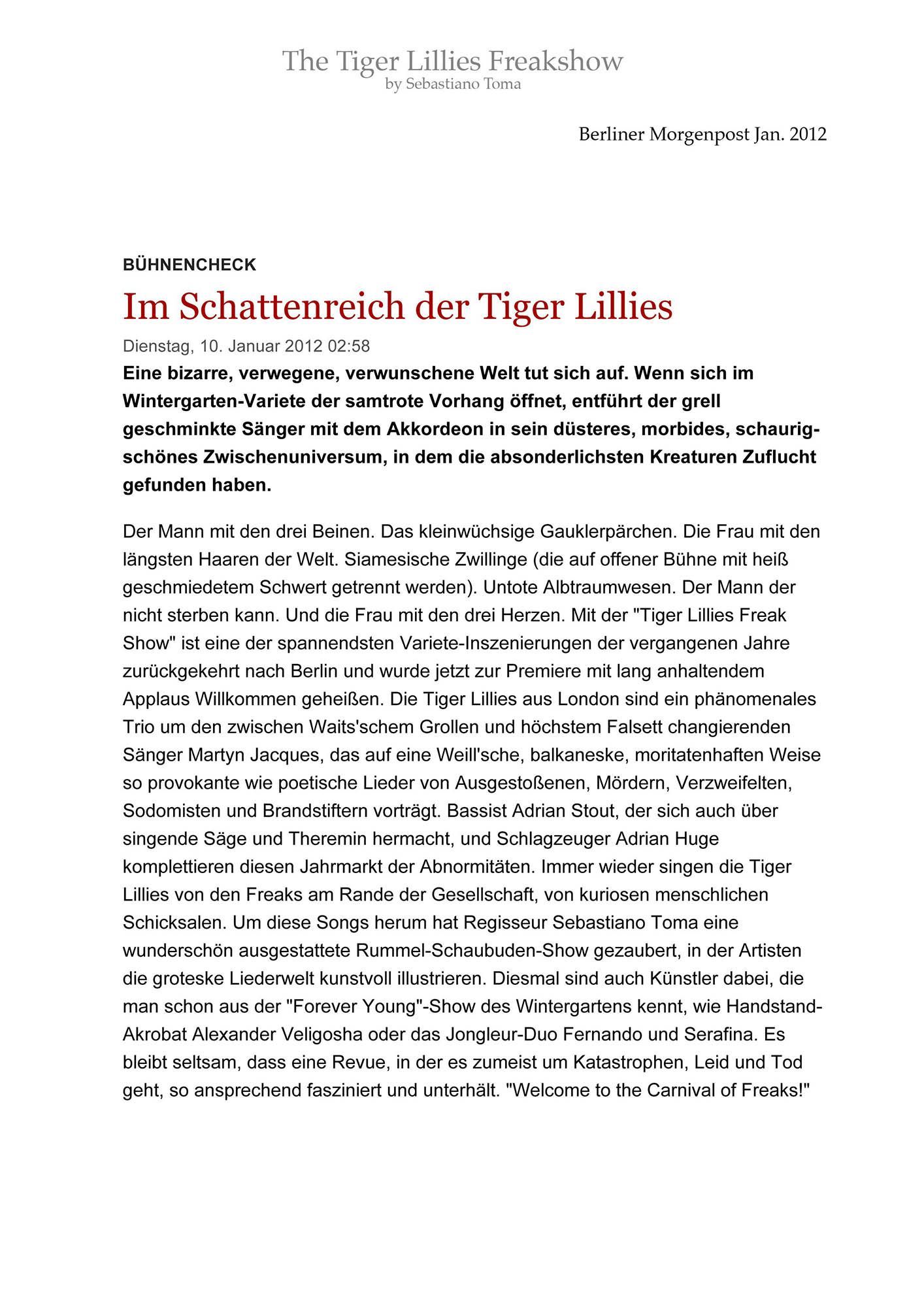 Sebastiano Toma, The Tiger Lillies Freakshow, Press review