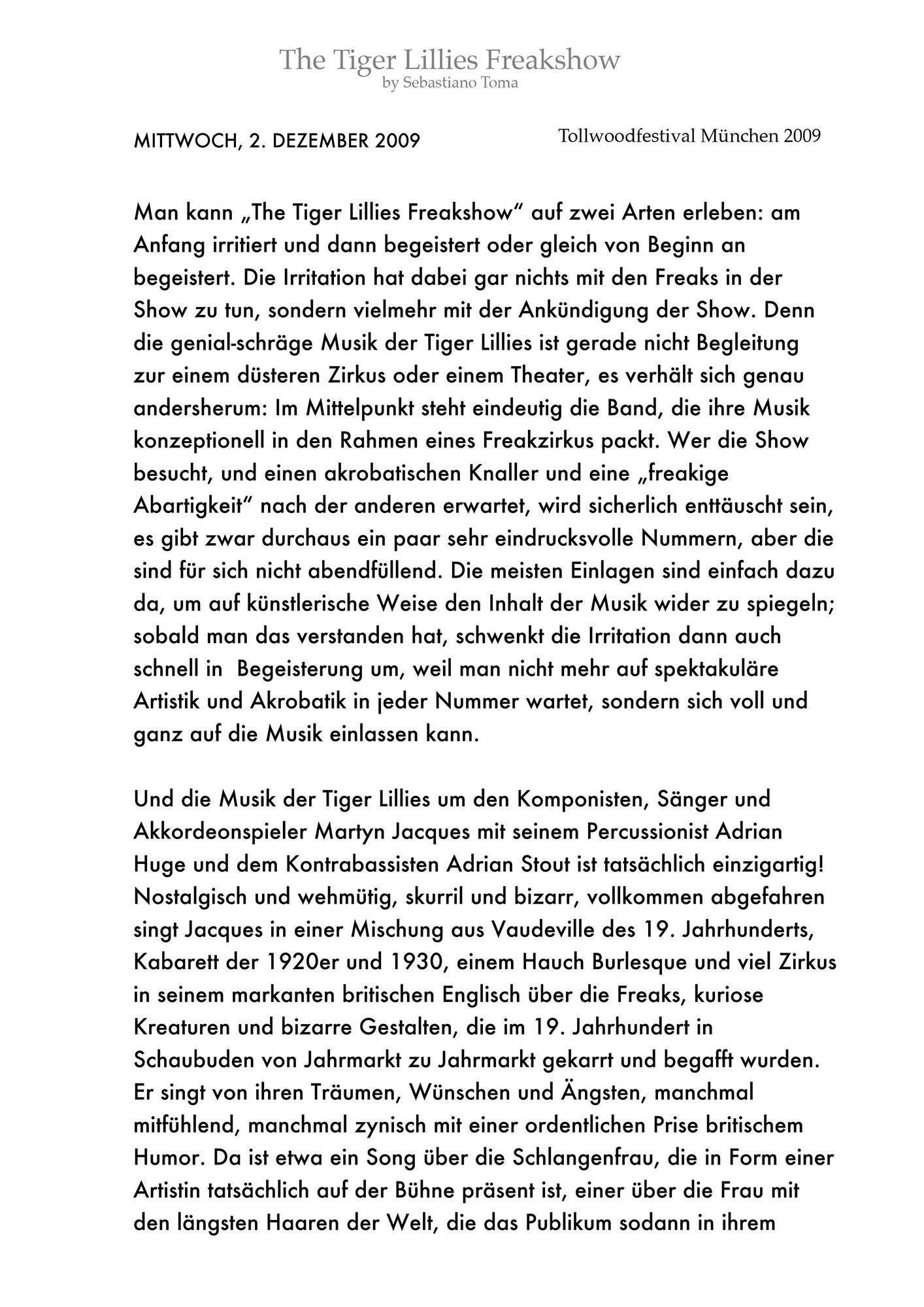 Sebastiano Toma, The Tiger Lillies Freakshow, Press review