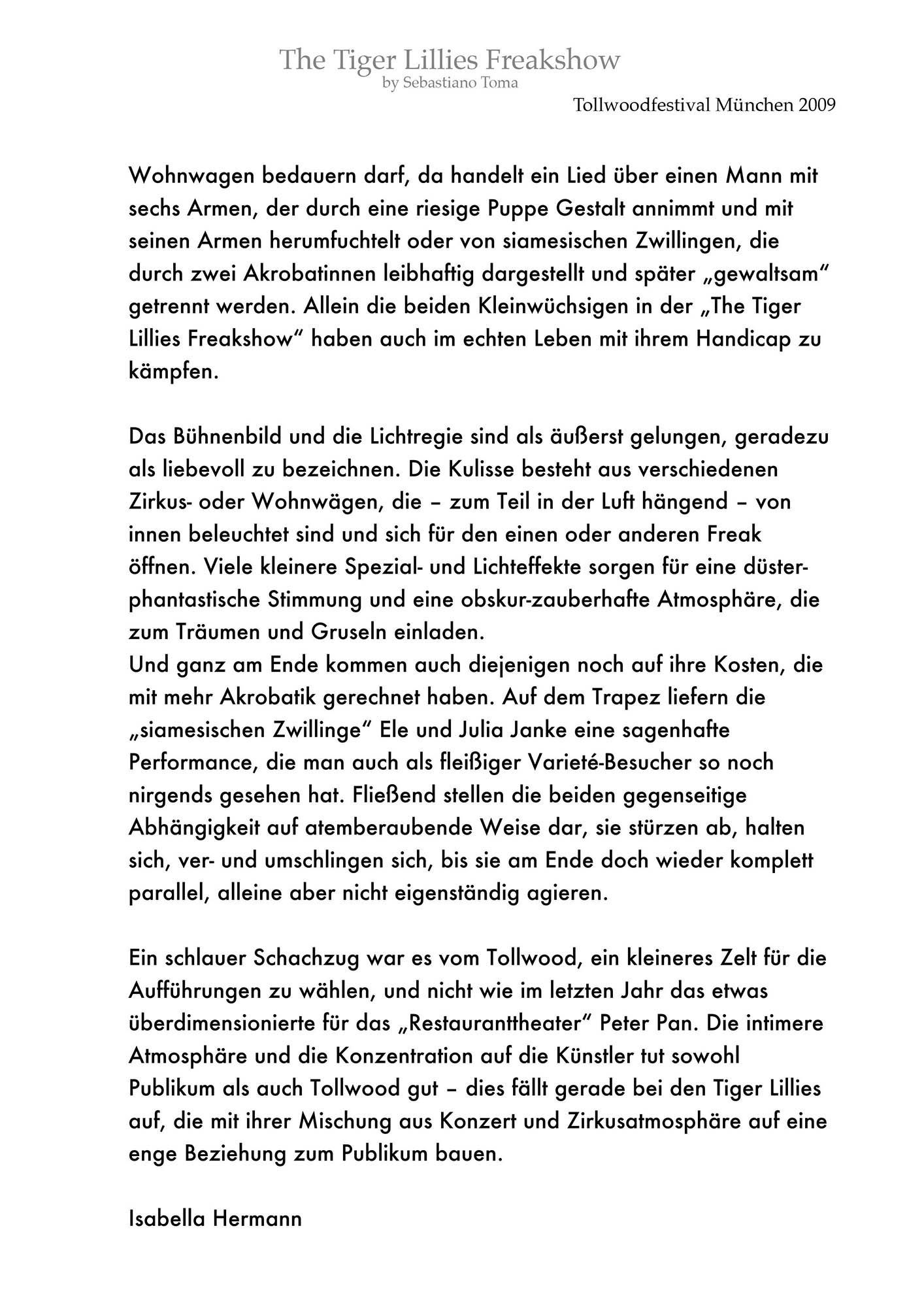 Sebastiano Toma, The Tiger Lillies Freakshow, Press review
