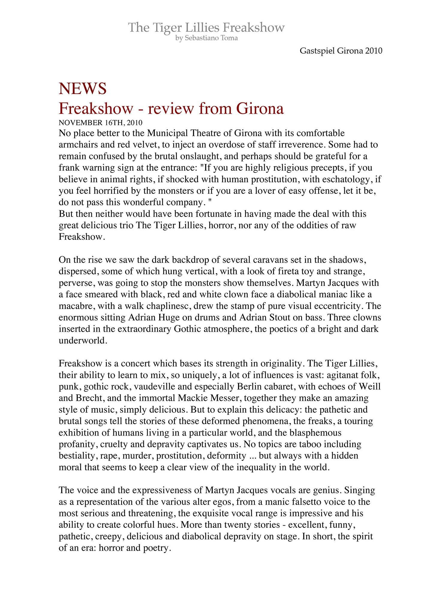 Sebastiano Toma, The Tiger Lillies Freakshow, Press review