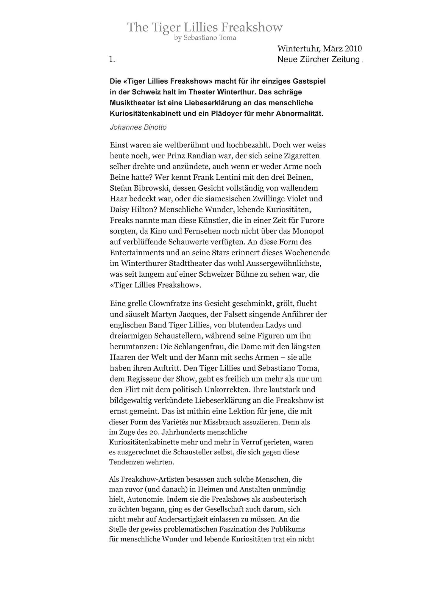 Sebastiano Toma, The Tiger Lillies Freakshow, Press review