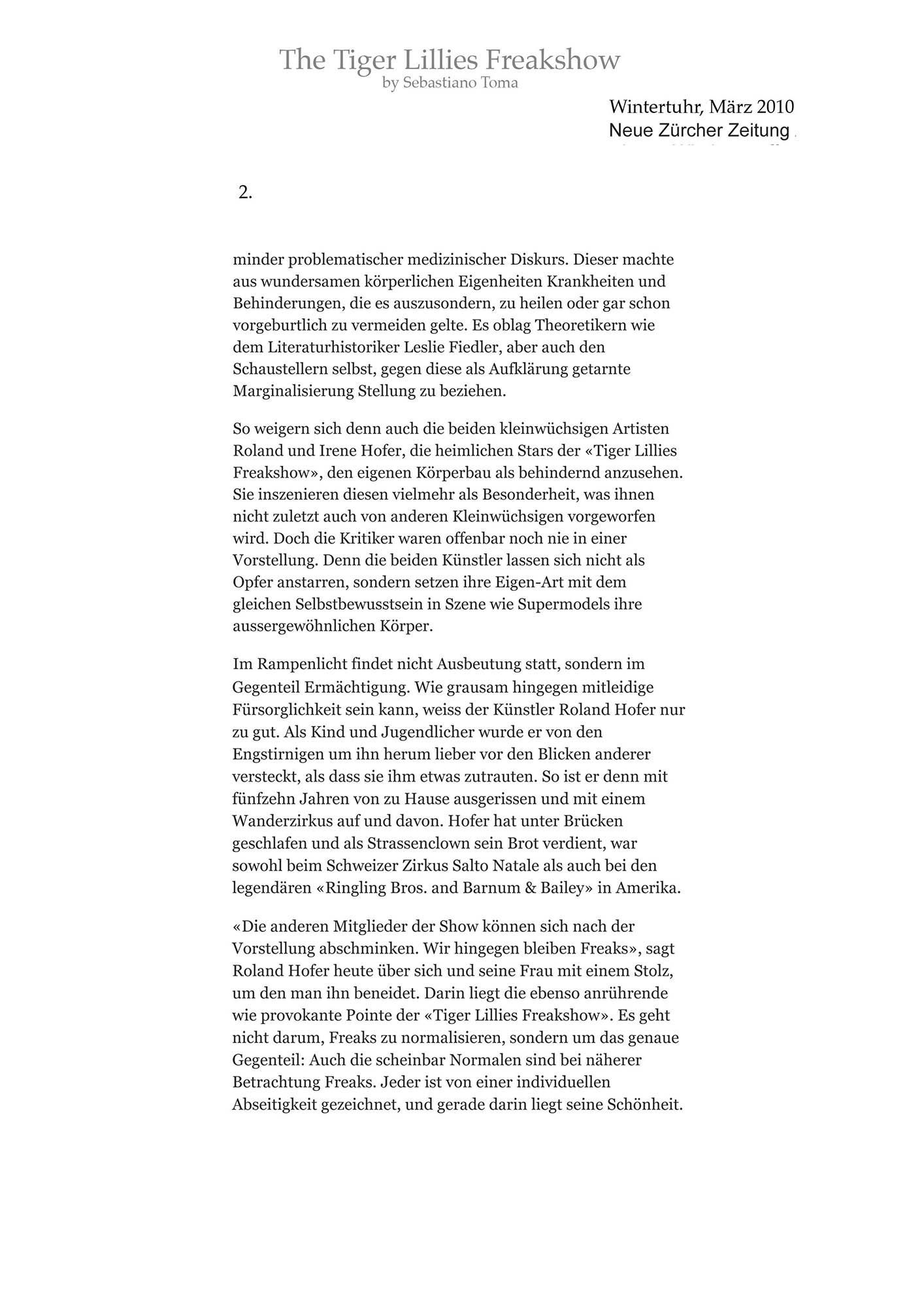 Sebastiano Toma, The Tiger Lillies Freakshow, Press review