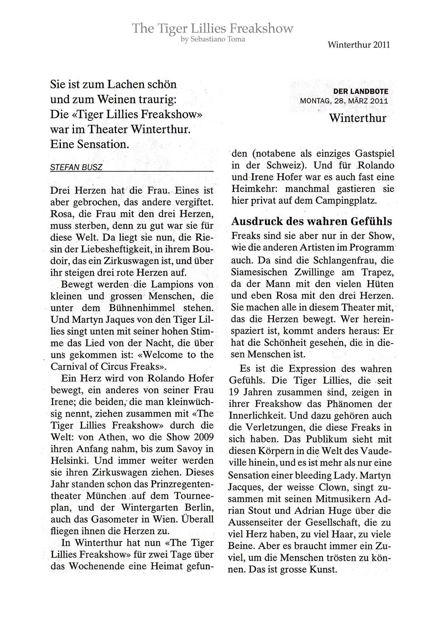 Sebastiano Toma, The Tiger Lillies Freakshow, Press review