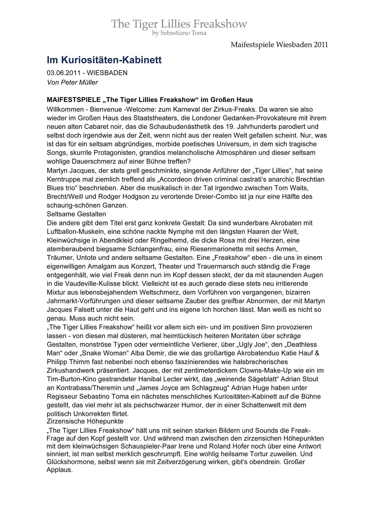 Sebastiano Toma, The Tiger Lillies Freakshow, Press review