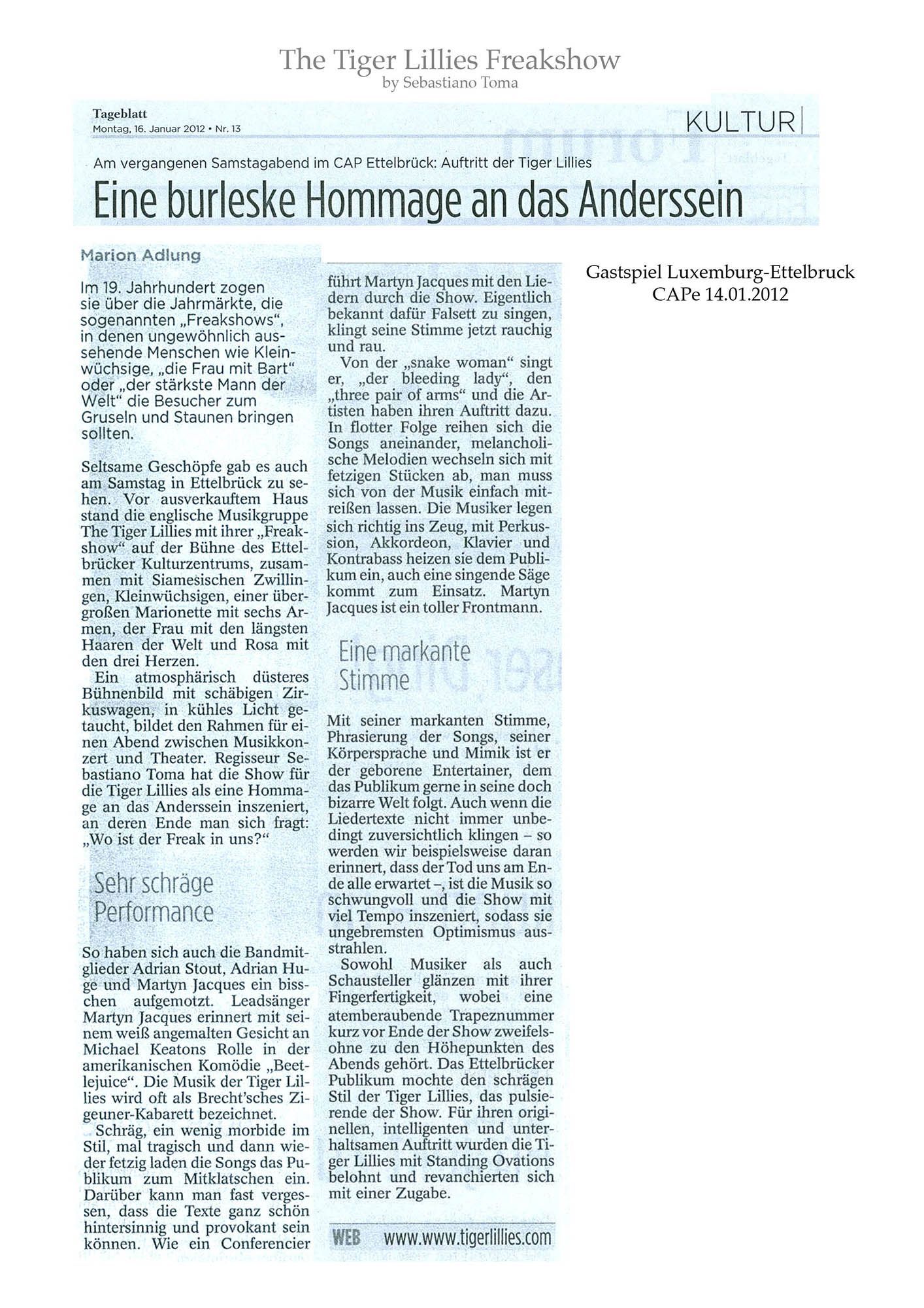 Sebastiano Toma, The Tiger Lillies Freakshow, Press review