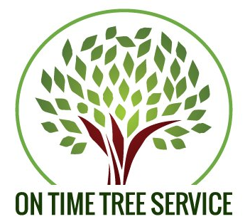 A logo for on time tree service with a tree in a circle