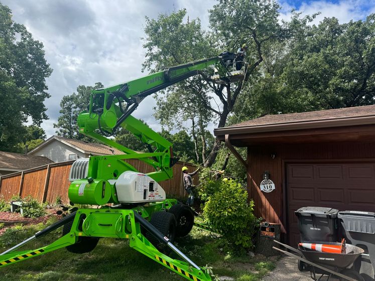 A worker in a lime green lift trims branches from a large tree overhanging a brown garage in a residential yard.