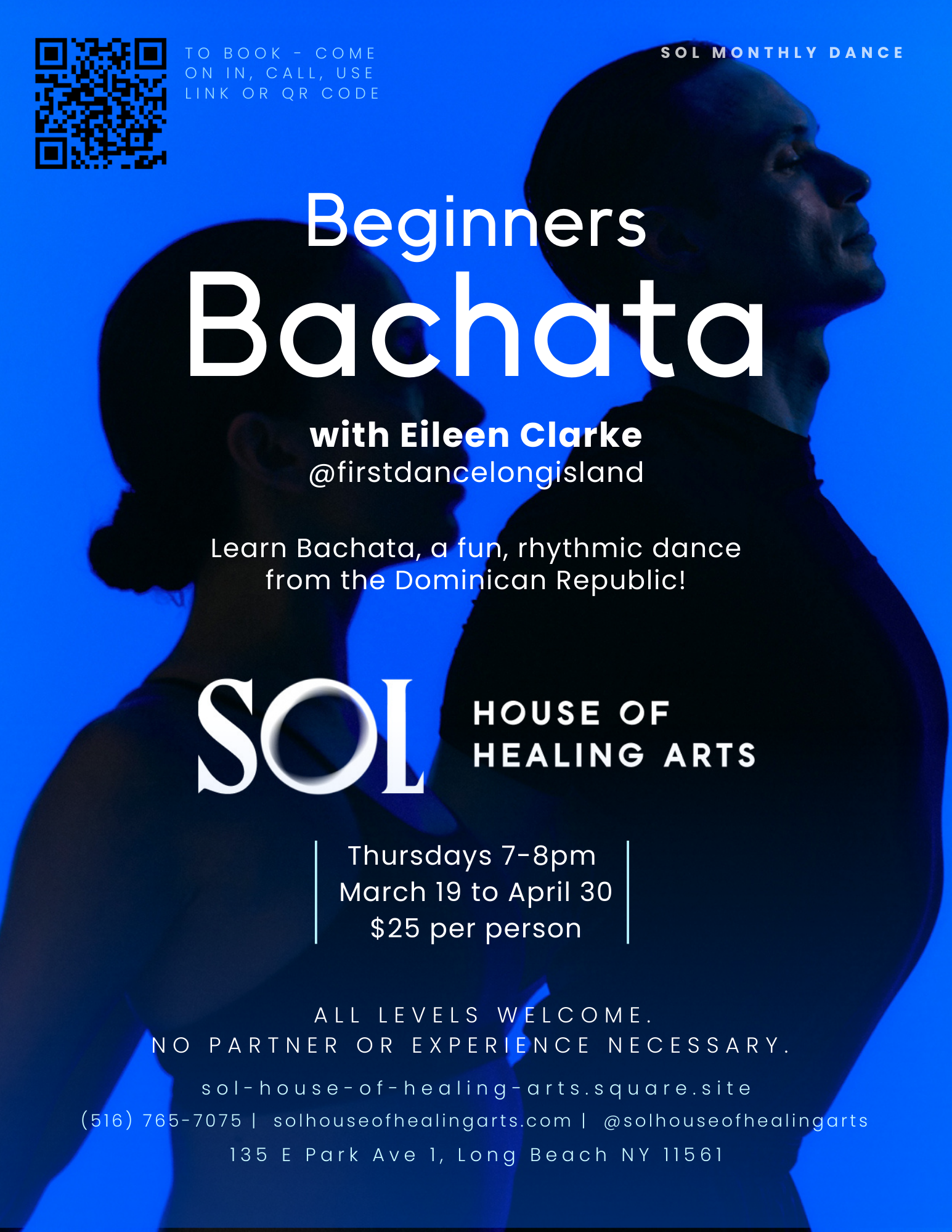 Flyer for Beginners Bachata dance class at SOL in Long Beach. Thursdays 7-8pm.