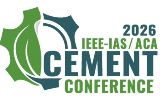 Logo for the 2026 IEEE-IAS/ACA Cement Conference. Features gear and leaf graphic in green and teal.