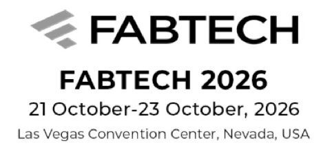 FABTECH logo: Dark blue stacked lines and the word FABTECH in dark blue.