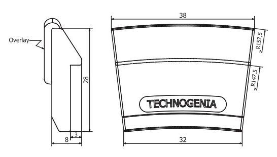 Diagram of a trapezoidal, branded component with dimensions labeled.
