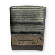 Dark grey TECHNOGENIA shoe heel, rectangular with horizontal lines and brand name.