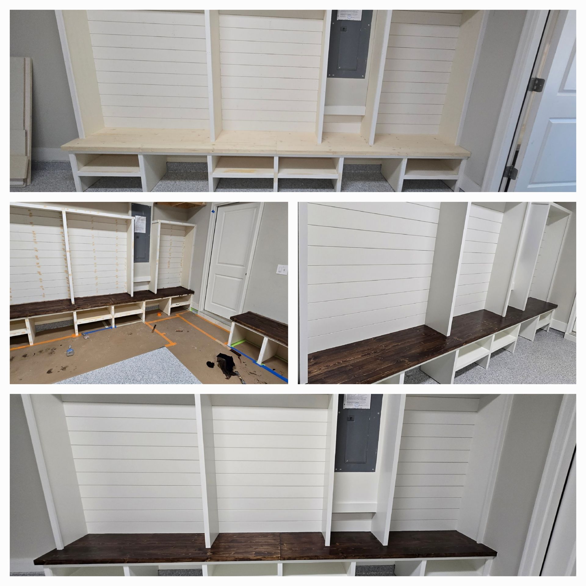 A collage of pictures of a mud room being built.