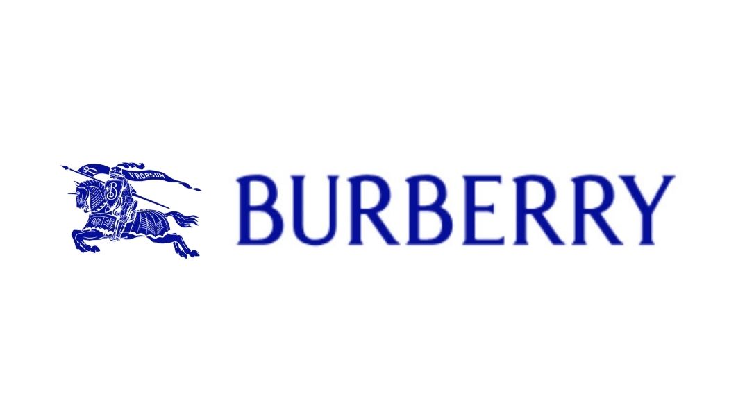 Burberry logo: a blue knight on a horse with a spear, next to the word "BURBERRY."