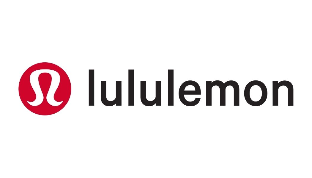 Lululemon logo: Red circle with white "Ω" symbol, text "lululemon" in black.