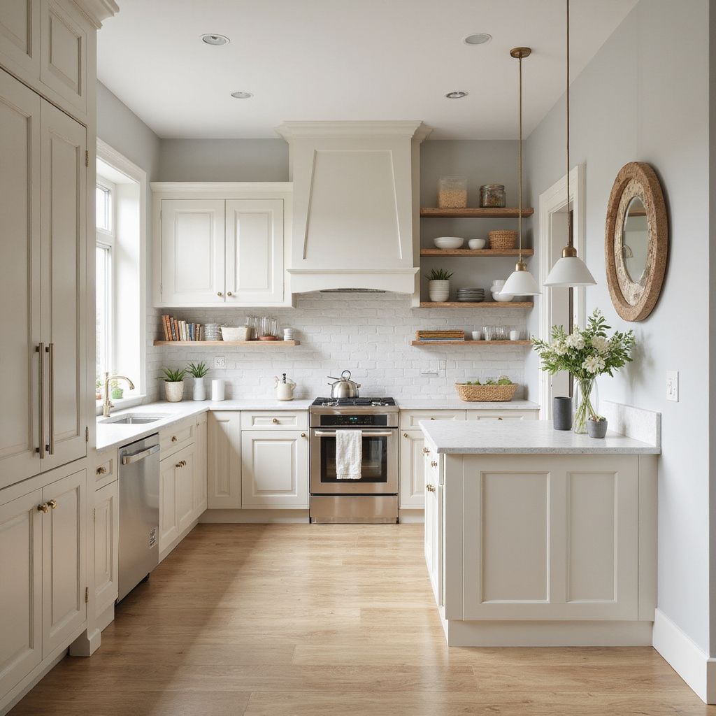 Bright, white kitchen with wooden floors. Includes stainless steel appliances, open shelving, and a small island.