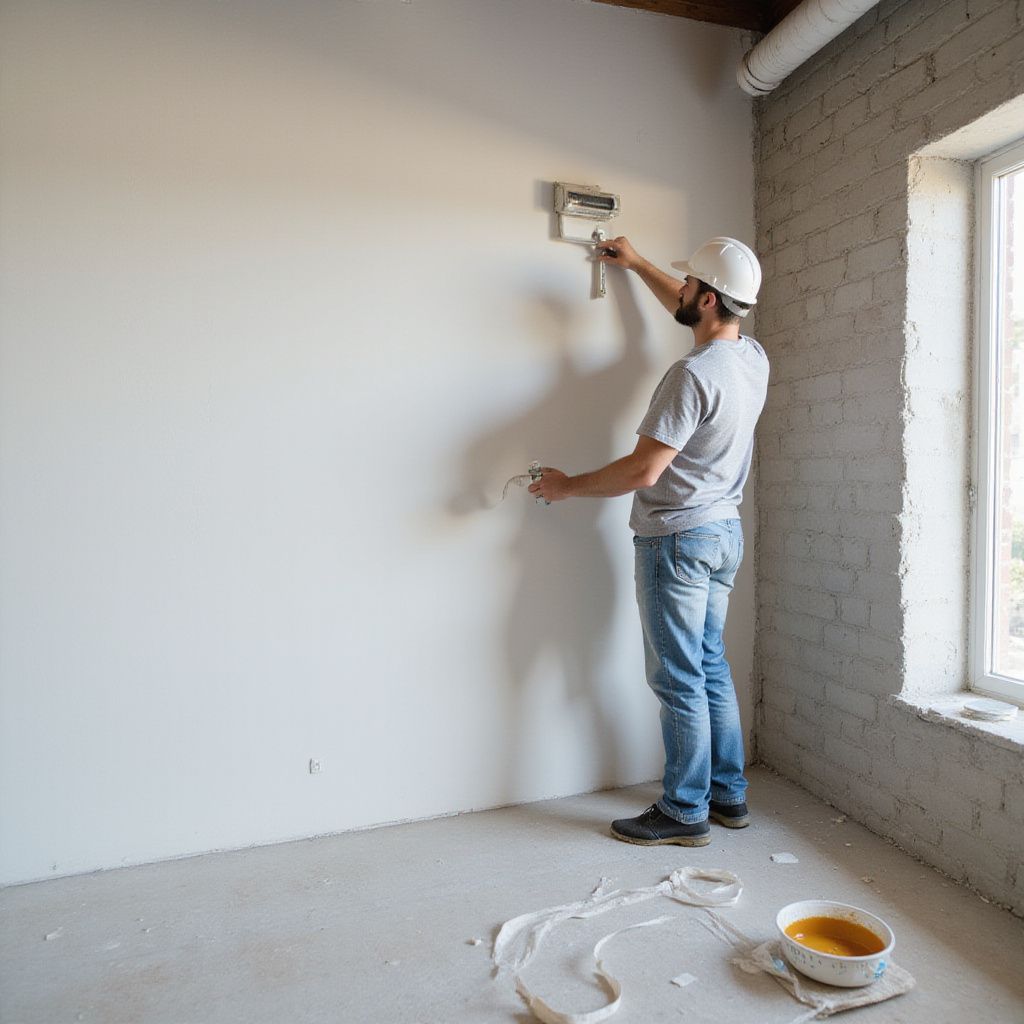 A person wearing a hard hat painting a wall white with a roller in an unfinished room.