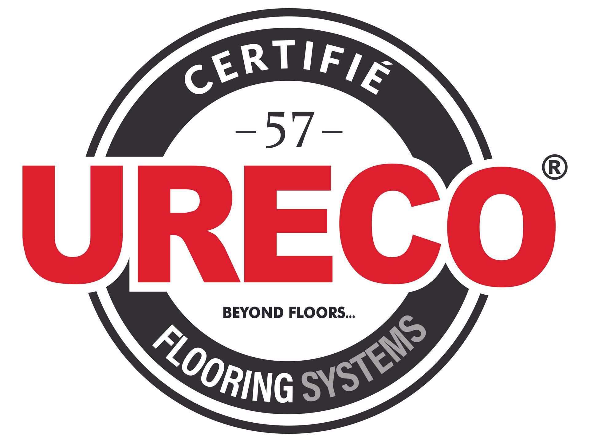 Logo URECO Flooring Systems : « URECO » rouge sur un cercle noir et gris, « CERTIFIE -57- FLOORS SYSTEMS » autour.