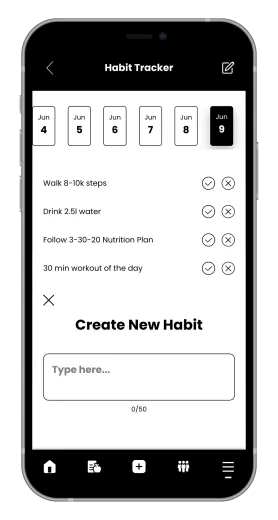 A smartphone app interface showing a "Create New Habit" screen with a date selector, existing habit list, and input field.