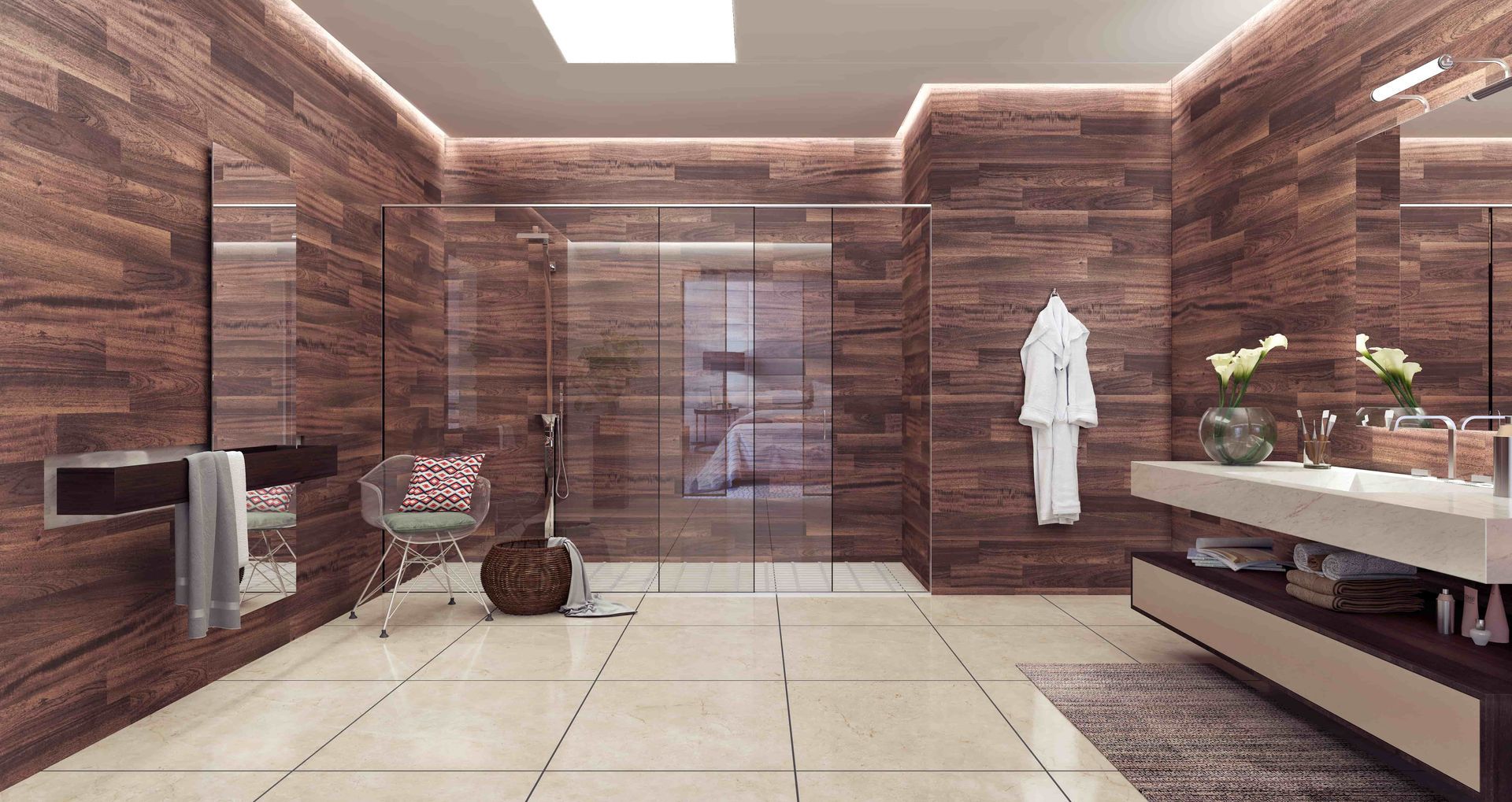 Stylish bathroom with shower and vanity