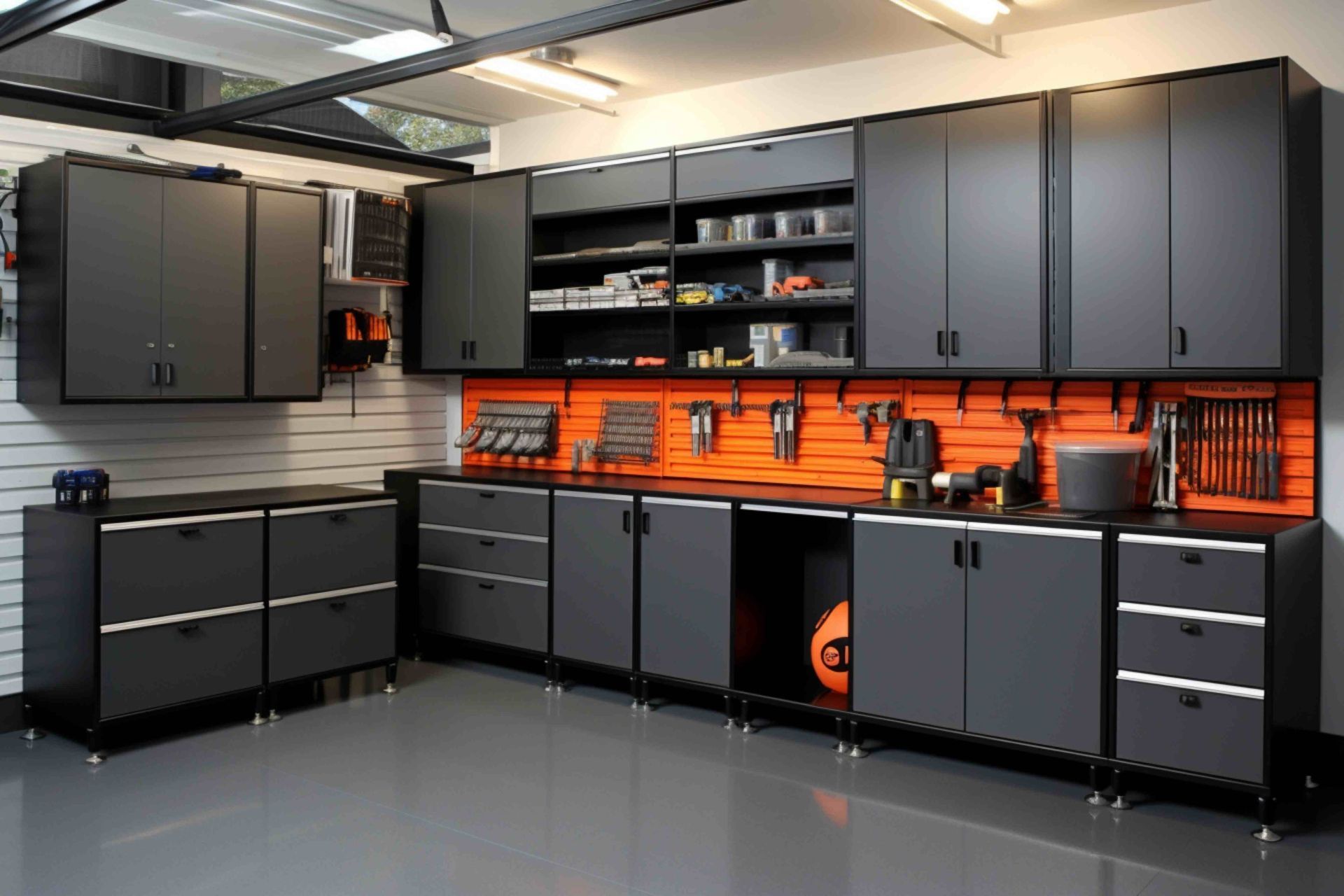 Gray and orange cabinets