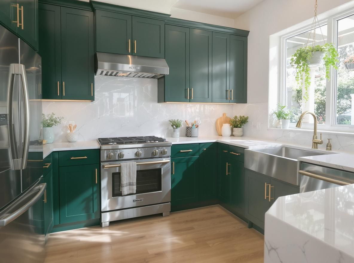green colored custom kitchen cabinetry
