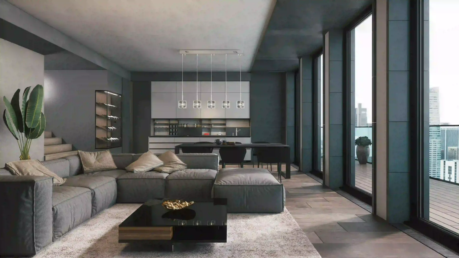 Greenish-black cabinetry in a modern-looking kitchen