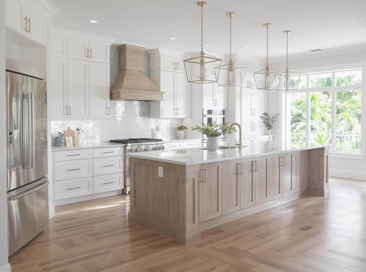Siesta Key kitchen with white cabinets and a light brown kitchen island
