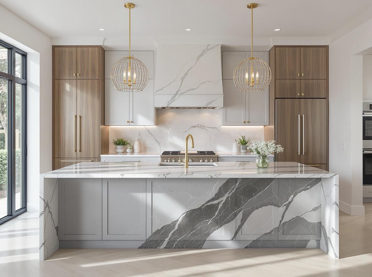 A kitchen island with a marbled look to it