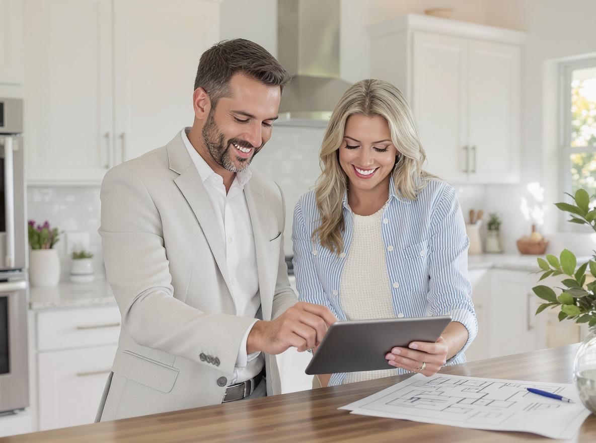 A man and a woman looking at an electronic tablet with kitchen designs