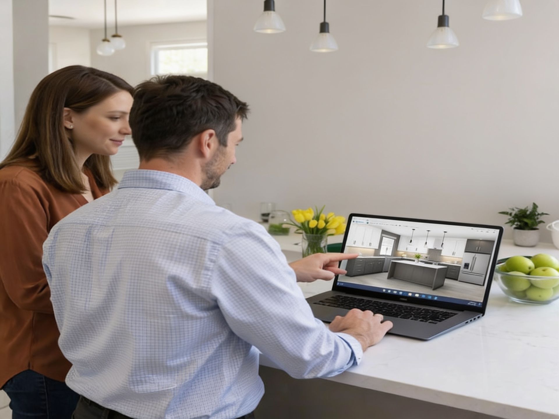 Our designer showing a customer a visualization of a new kitchen design