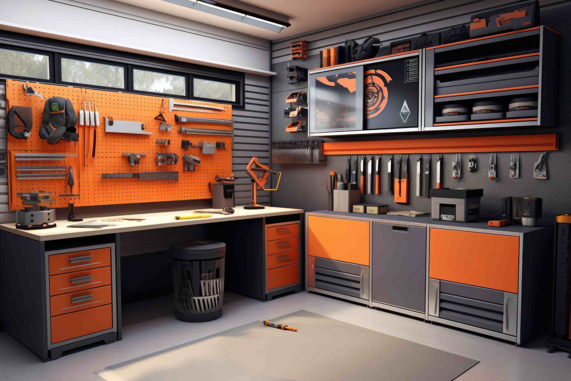 Orange and gray cabinets in a garage