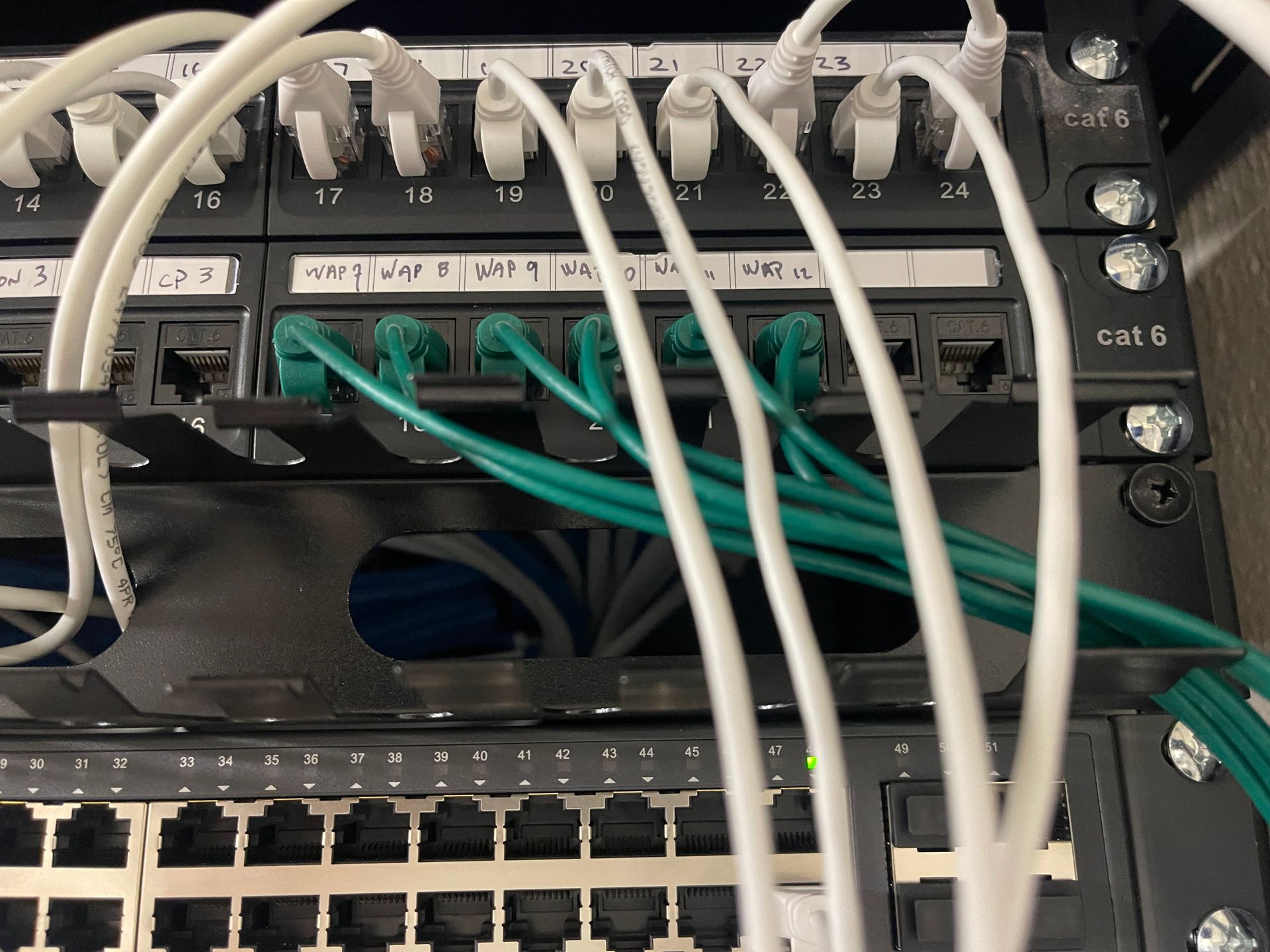 a bunch of wires are connected to a server rack