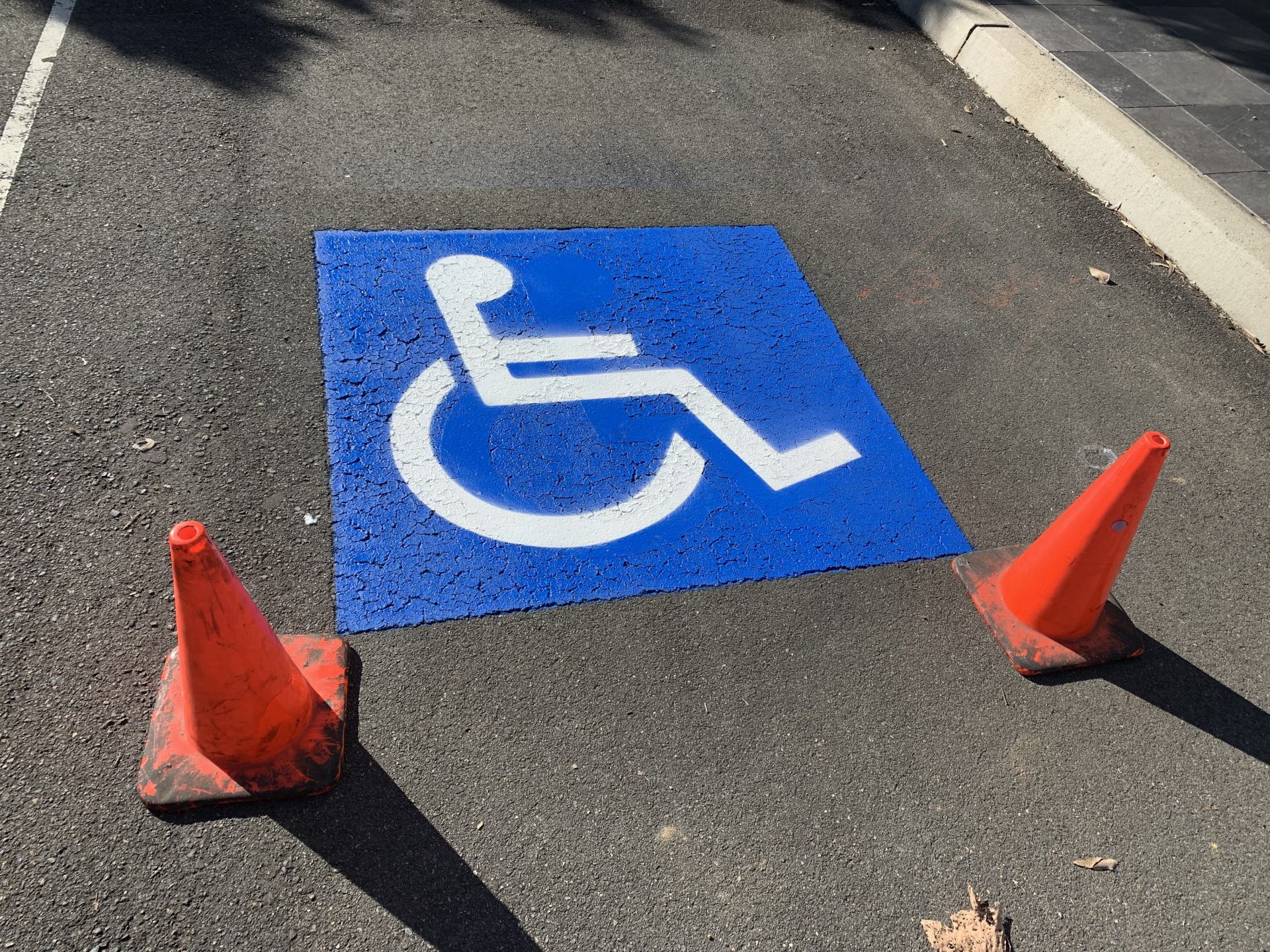 a blue and white handicap sign is painted on the ground next to two orange traffic cones .