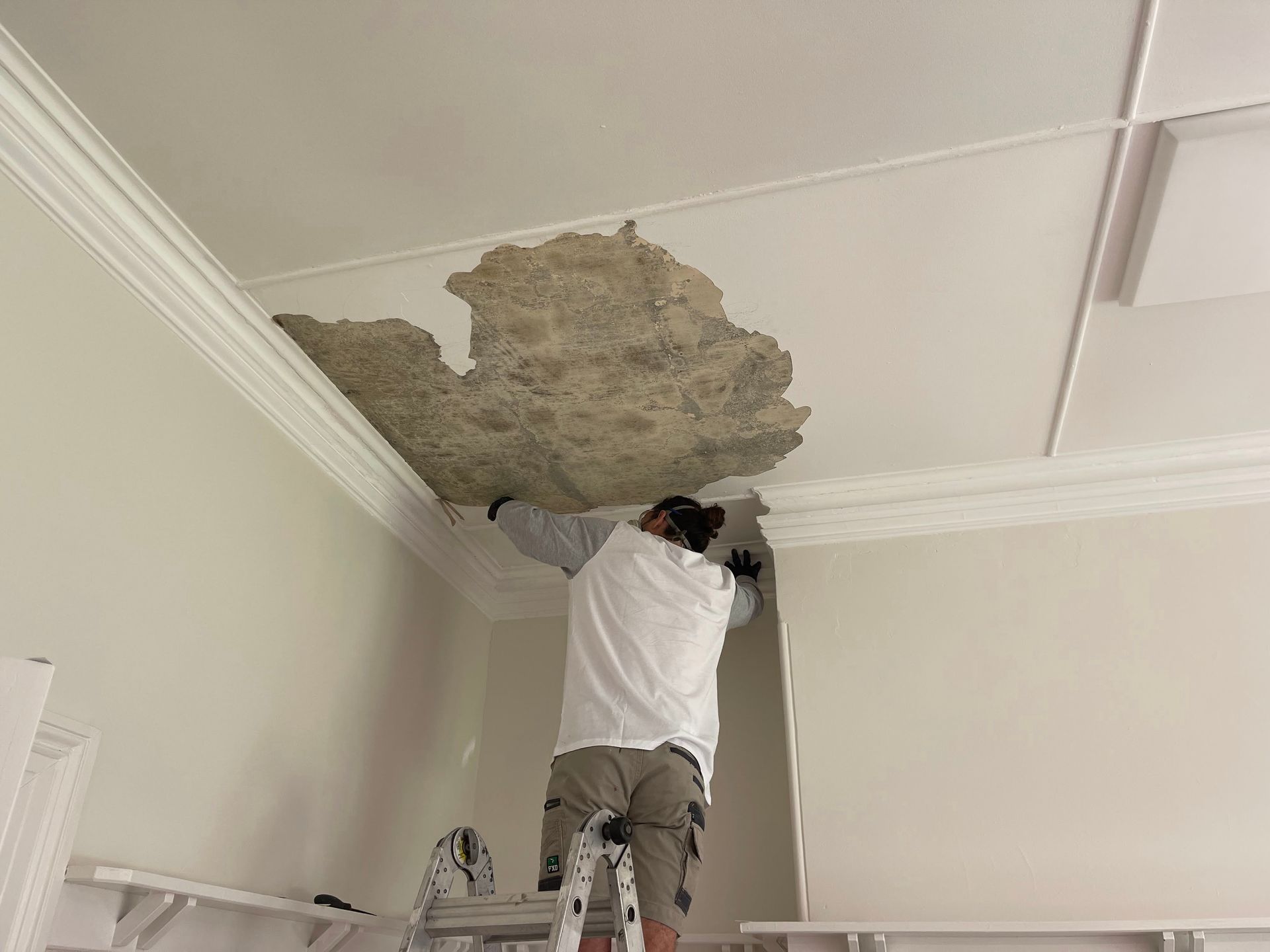 a man is standing on a ladder working on a ceiling .